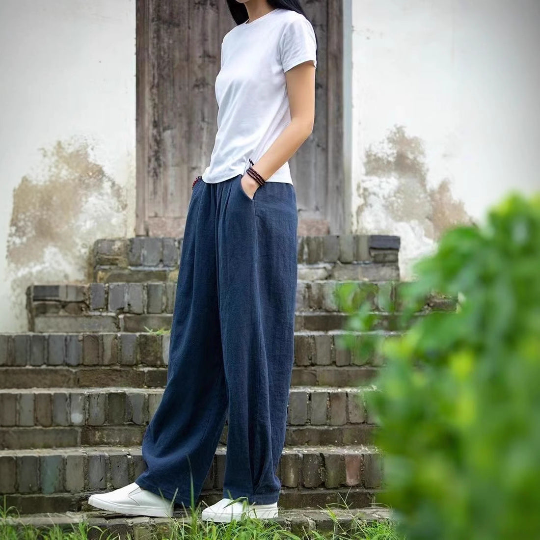 Damen weite Leinenhose mit elastischem Bund und seitlichen Taschen R&B