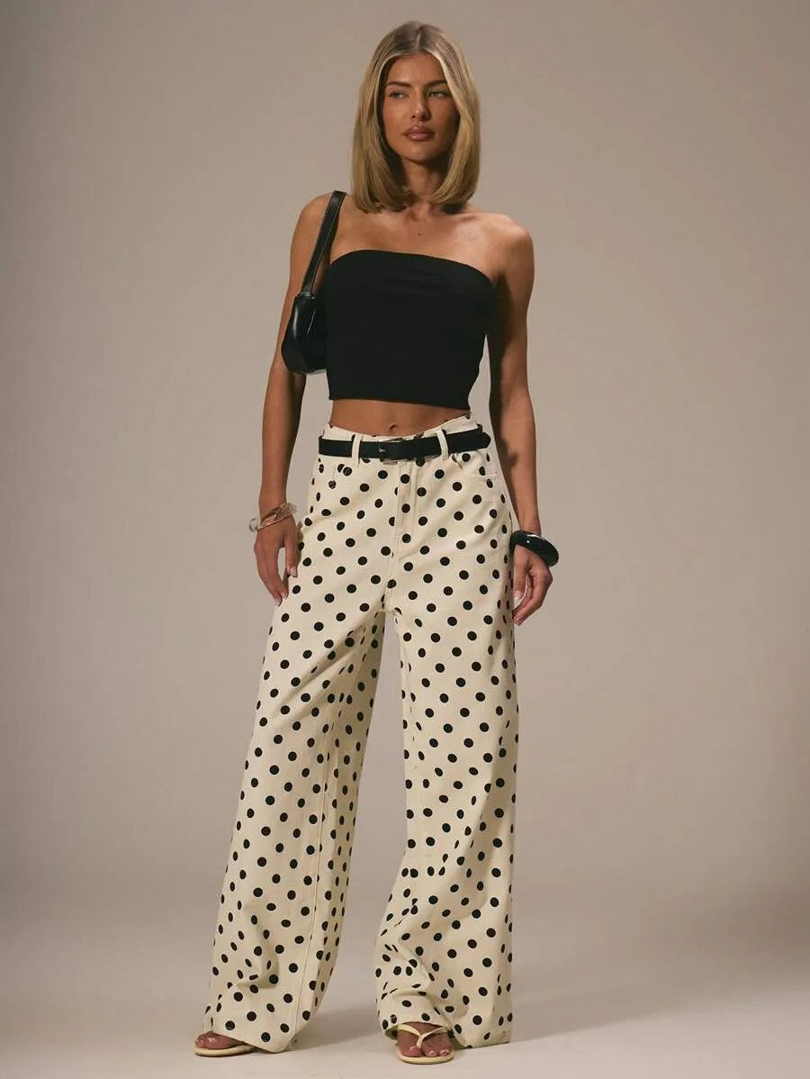 Damen weite Polka-Dot Palazzo-Hosen mit high-waist Schnitt R&B