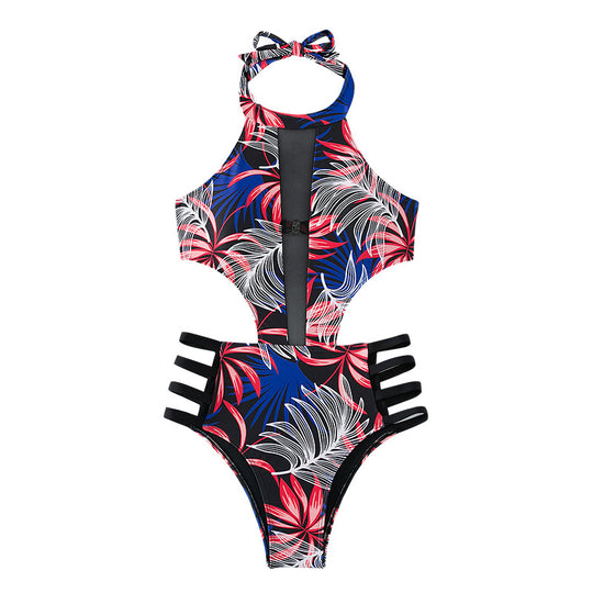 Damen Hochgeschlossener Badeanzug mit floralem Muster und Cut-Out Details R&B