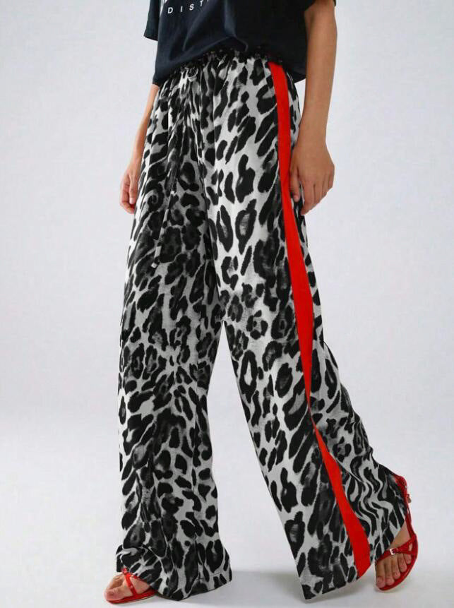 Damen weite Leinenhose mit modischem Leopardenmuster und kontrastierendem Streifen R&B