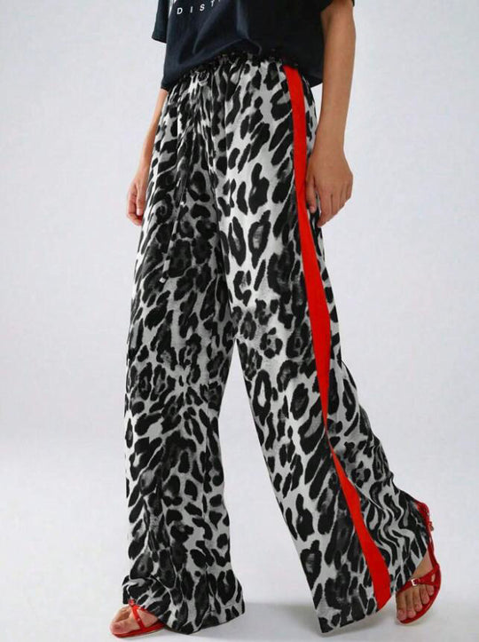 Damen weite Leinenhose mit modischem Leopardenmuster und kontrastierendem Streifen R&B