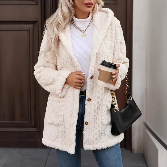 Damen angenehme und weiche Plüschjacke mit Kapuze und Taschen R&B