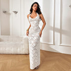 Damen Elegantes Spitzen-Maxikleid mit tiefem V-Ausschnitt und figurformendem Design R&B