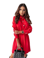 Damen Knielanges Hemdblusenkleid mit eleganter Plisseekonstruktion und Taillengürtel R&B