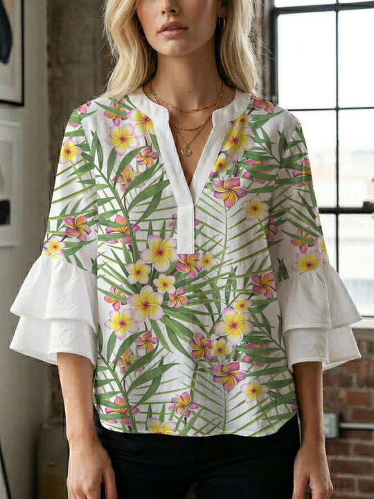Damen Bluse mit voluminösen Rüschenärmeln und floralem Muster R&B