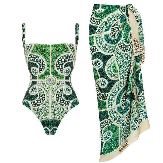 Damen Einteiler Badeanzug mit kunstvollem Blumenmuster R&B