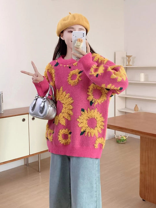 Damen Grobstrickpullover mit floralen Applikationen R&B