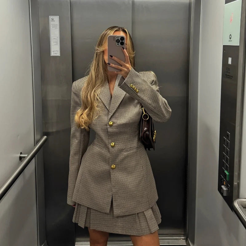 Damen Eleganter Karoblazer mit passendem Rock R&B