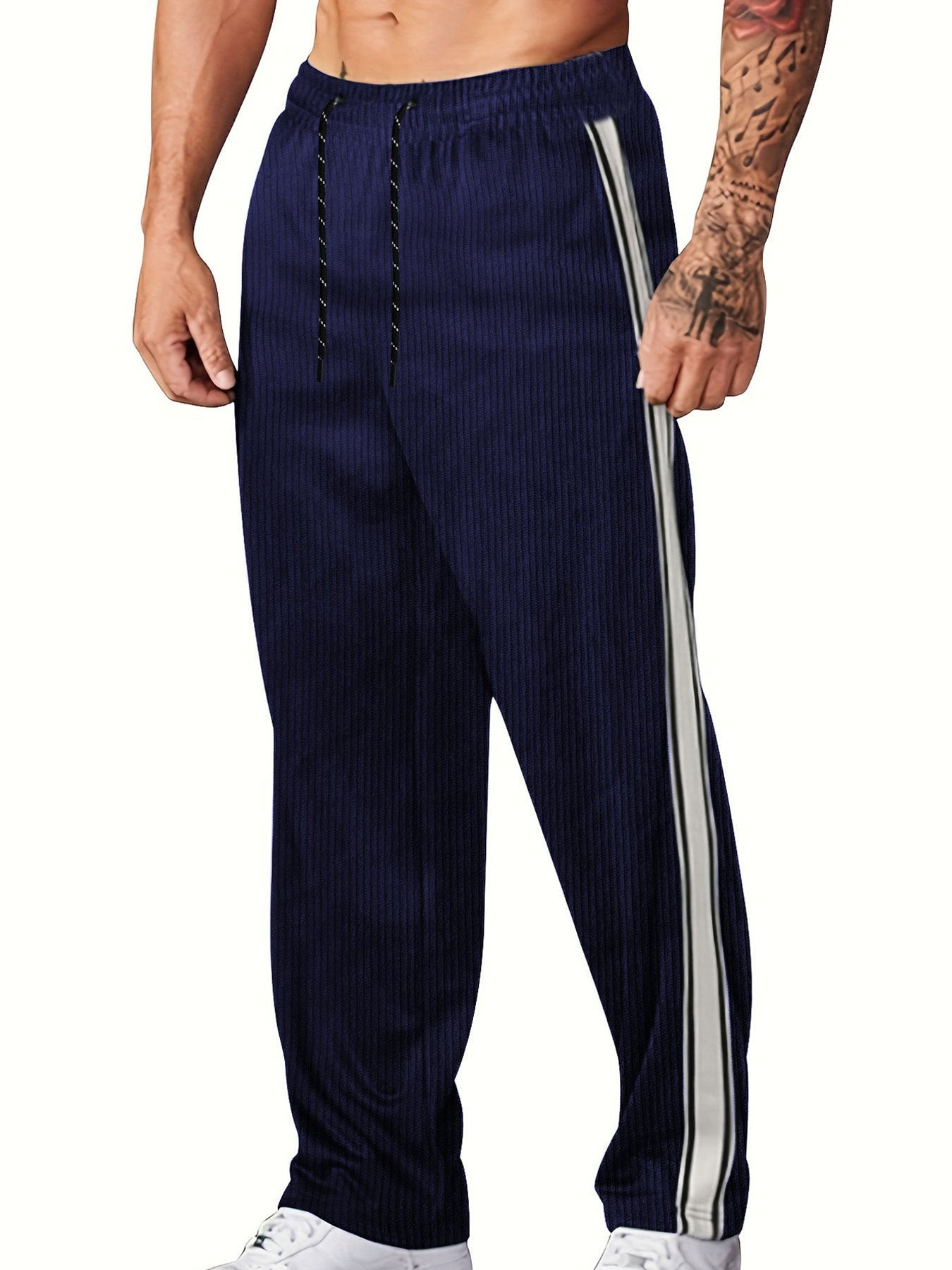 Herren nan gerippte Relax-Jogginghose mit weitem Bein, seitlicher Paspel und elastischem Kordelbund R&B