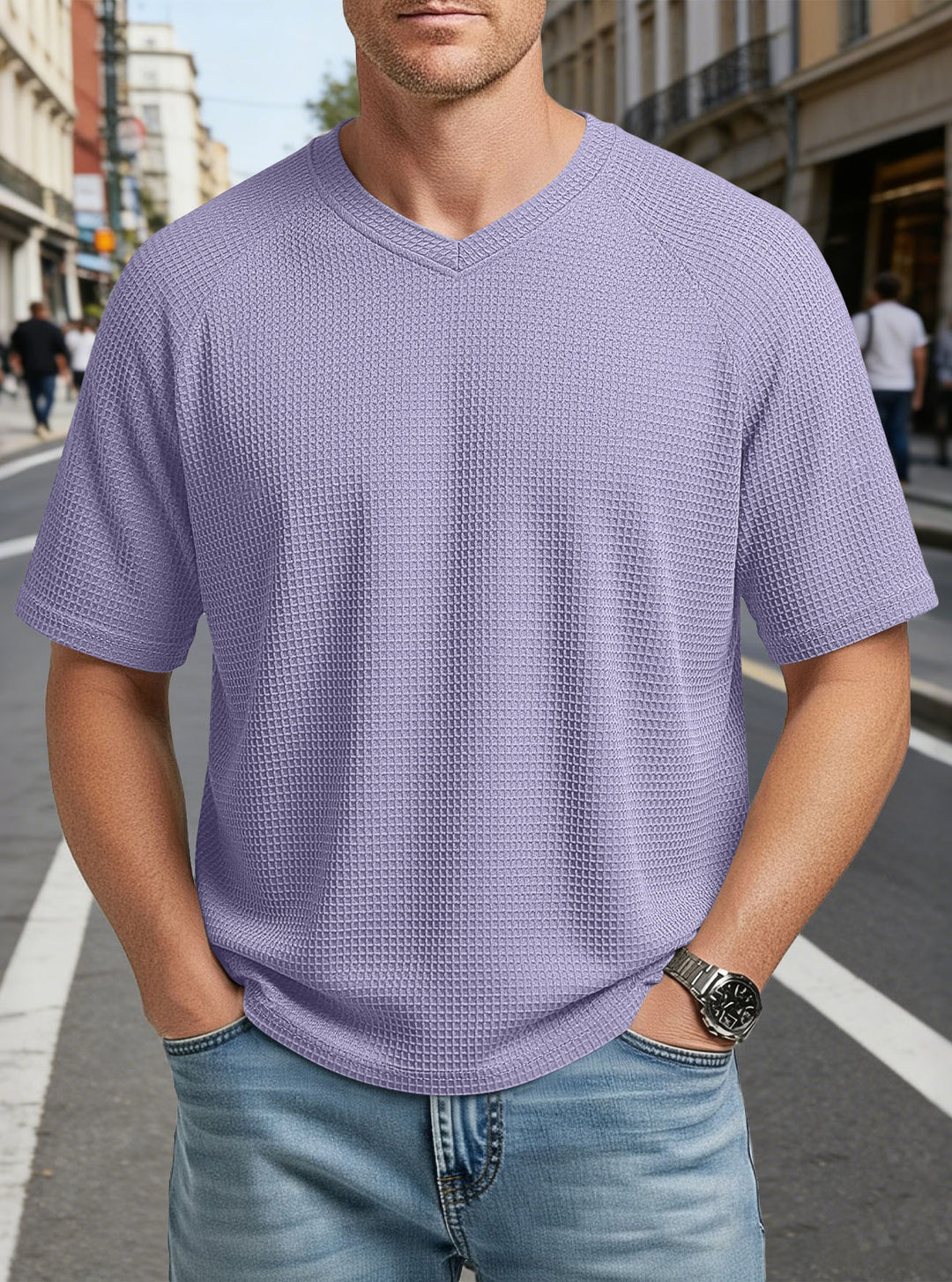 Herren nan lässiges V-Ausschnitt Waffelstrick-T-Shirt aus atmungsaktivem Baumwollmix R&B