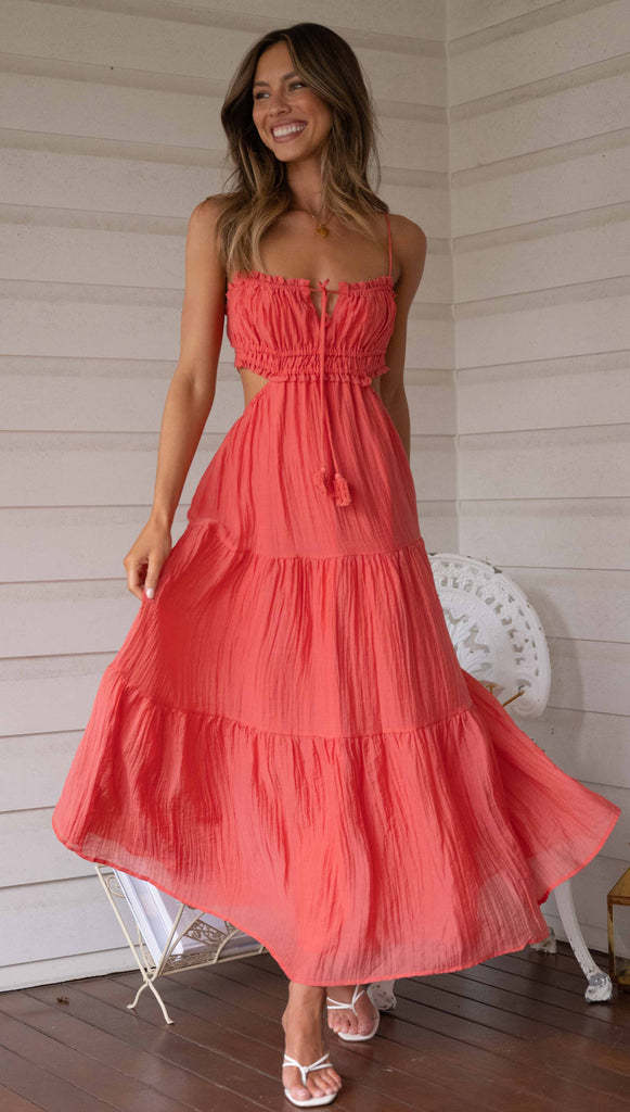 Damen luftiges Maxikleid mit Rüschendetails und verstellbarem Taillenband R&B