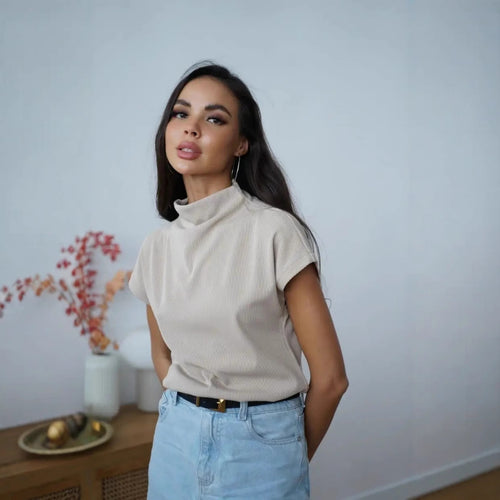 Damen modernes Kurzarm-Oberteil mit hohem Stehkragen und strukturiertem Design R&B