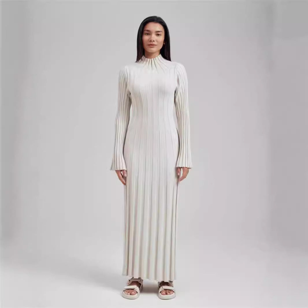 Damen Maxikleid mit elegantem Rippdesign und hochgeschlossenem Kragen R&B