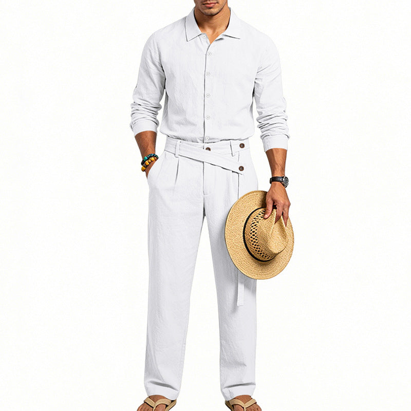 Herren nan eleganter Leinen-Zweiteiler mit Hemd und Hose mit hohem Bund und Bindegürtel R&B