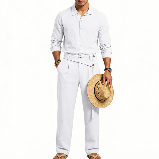 Herren nan eleganter Leinen-Zweiteiler mit Hemd und Hose mit hohem Bund und Bindegürtel R&B