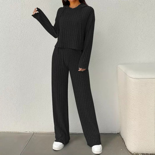 Damen lässiges Strick-Lounge-Set mit Kapuze und weitem Schnitt R&B