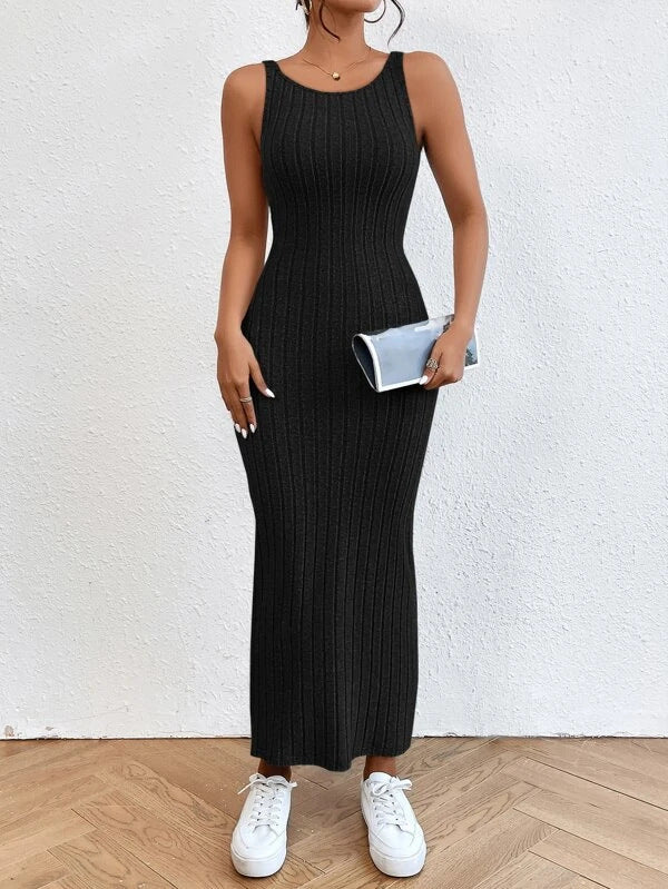 Damen figurbetontes Langarm-Maxikleid mit Rippenstruktur und Rundhalsausschnitt R&B