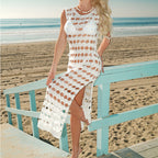 Damen Häkel-Strandkleid mit verführerischem Lochmuster und seitlichem Schlitz R&B