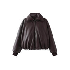 Damen lässige Boxy-Jacke aus weichem Kunstleder mit elastischem Bund R&B