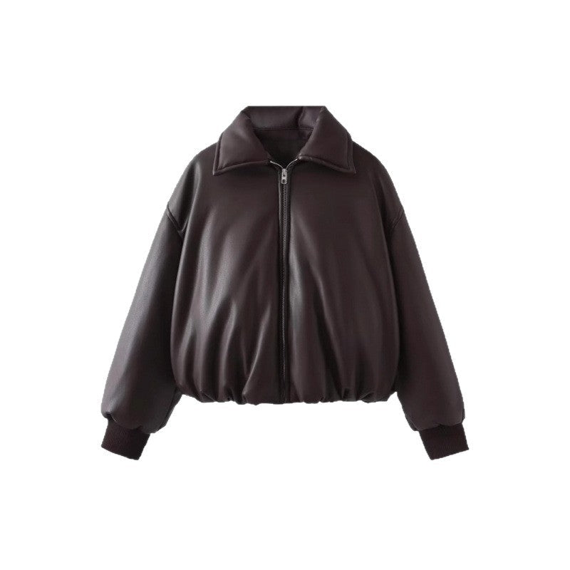 Damen lässige Boxy-Jacke aus weichem Kunstleder mit elastischem Bund R&B