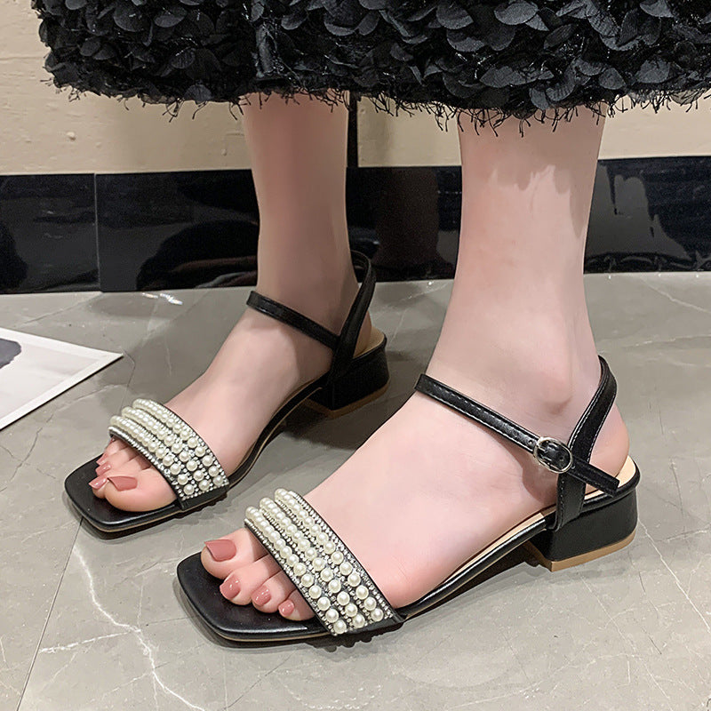 Damen elegante Sandalen mit Perlenverzierung und niedrigem Blockabsatz R&B