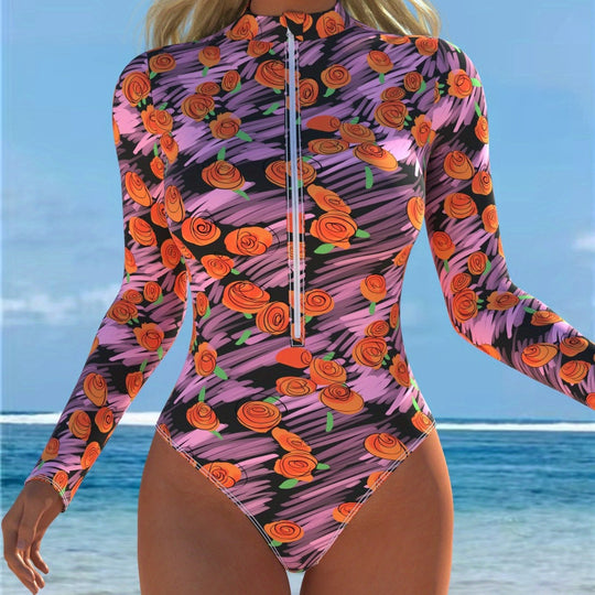 Damen Langarm-Badeanzug mit Reißverschluss und floralem Design R&B