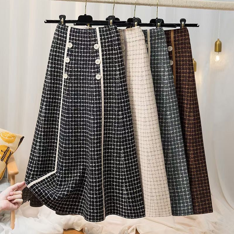 Damen Midi-Rock mit Knopfdetails und klassischem Karomuster
