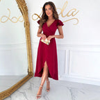 Damen Wickelkleid mit fließendem Stoff und dekorativen Rüschenärmeln R&B