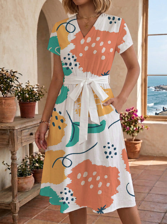 Damen Midikleid mit farbenfrohem Blumendesign und taillierbarem Bindegürtel R&B