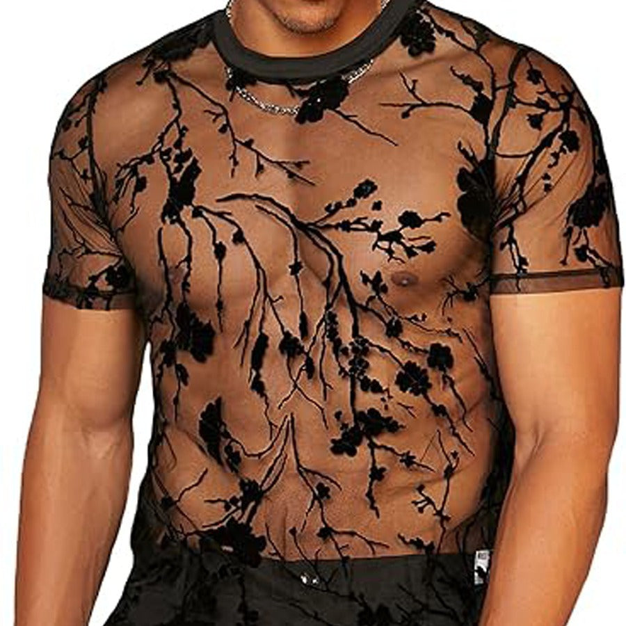 Damen nan transparentes Netz-Oberteil mit floraler Samtstickerei und Rundhalsausschnitt R&B