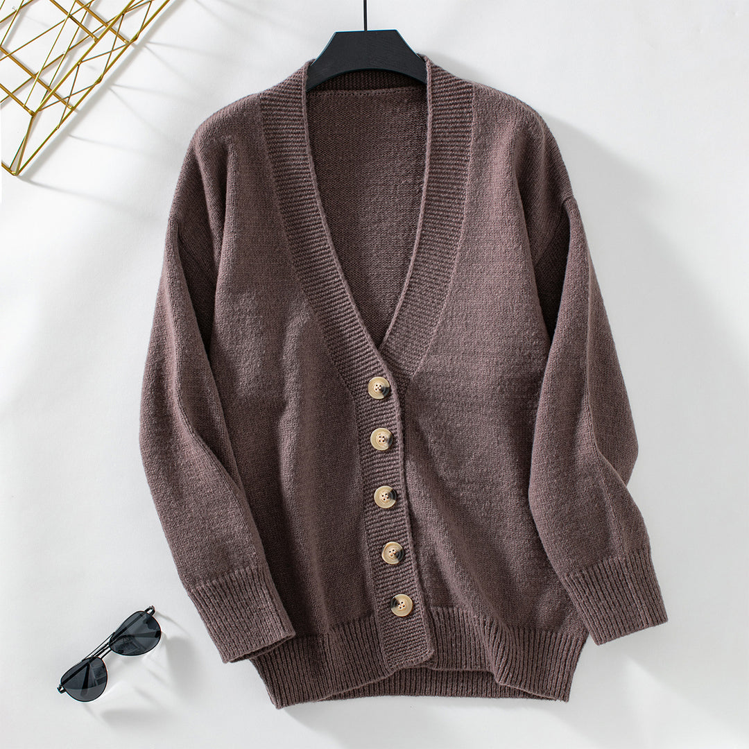 Damen gemütliche Strickjacke mit Knopfdetails und tiefem V-Ausschnitt R&B