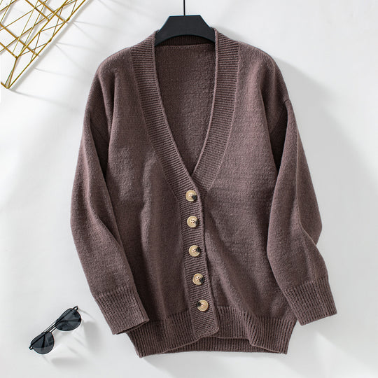 Damen gemütliche Strickjacke mit Knopfdetails und tiefem V-Ausschnitt R&B
