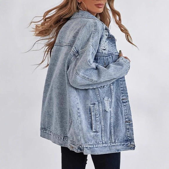Damen lässige Oversized Jeansjacke mit distressed Details und hochwertigen Metallknöpfen R&B