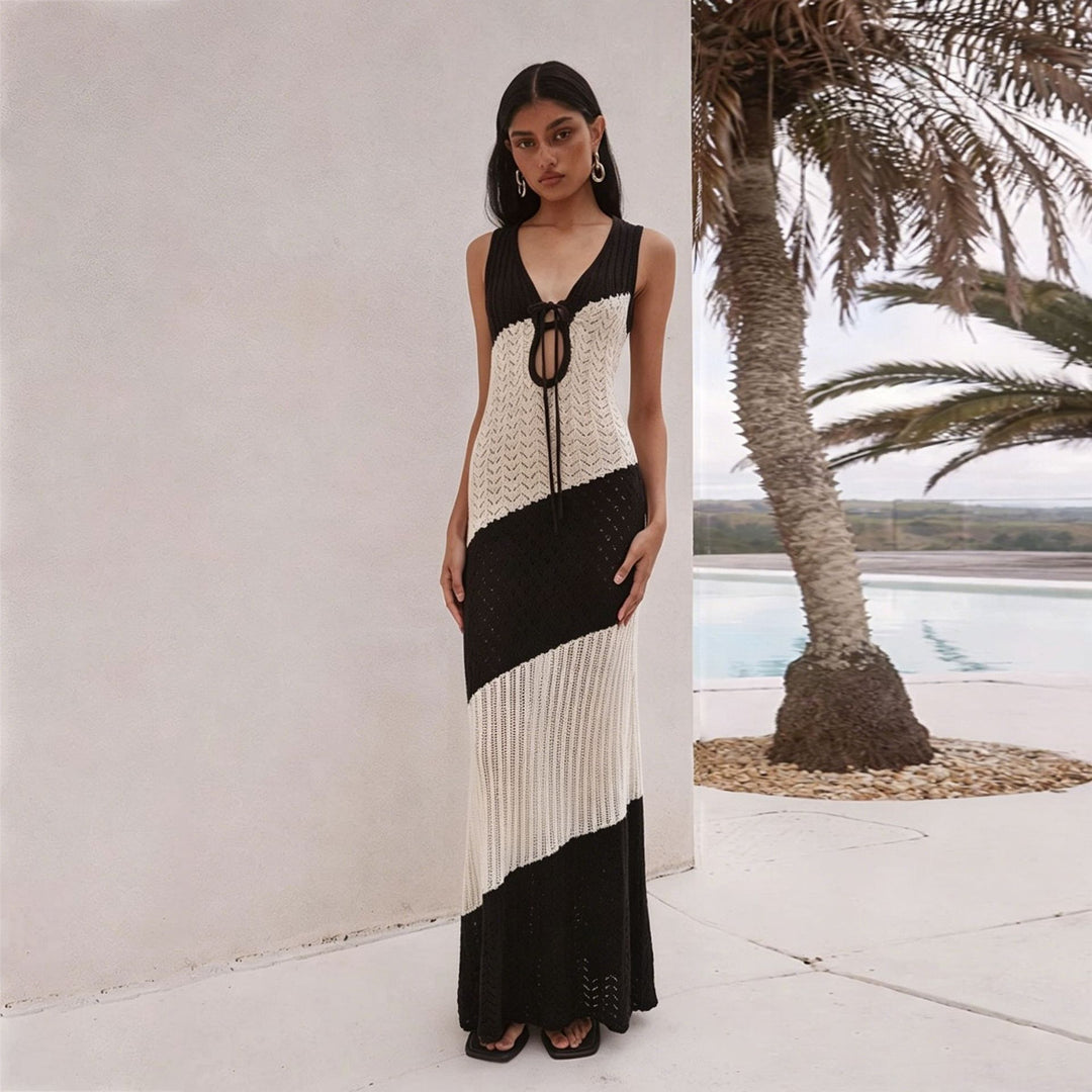 Damen gehäkeltes Maxikleid mit tiefem V-Ausschnitt und Bindegürtel R&B