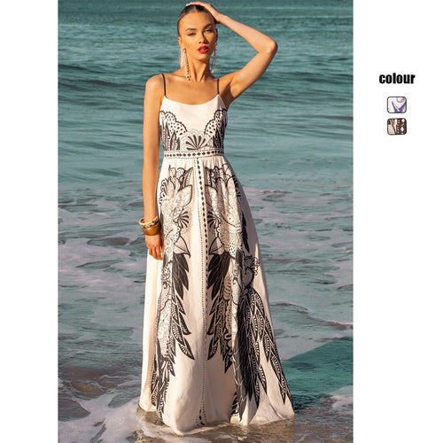 Damen Maxikleid mit feinen Trägern und künstlerischem grafikdruck R&B