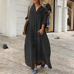 R&B | Einreiher Baumwoll-Leinen Plus Size Langkleid