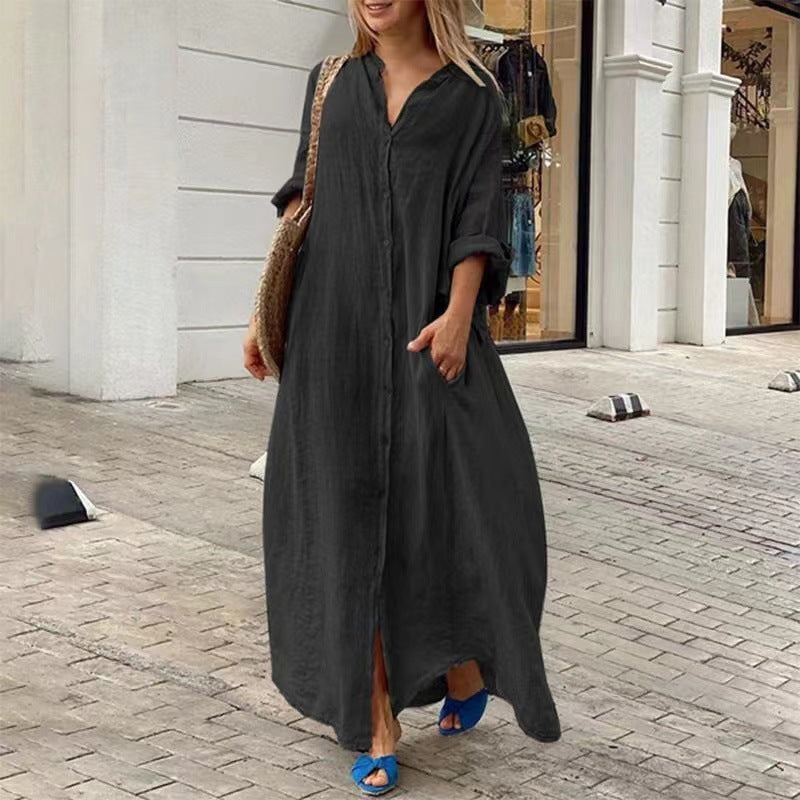 R&B | Einreiher Baumwoll-Leinen Plus Size Langkleid