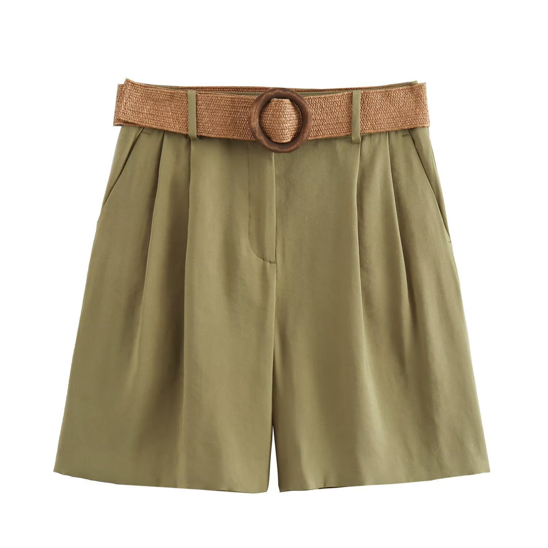 Damen elegante Shorts mit breitem, geflochtenem Gürtel R&B