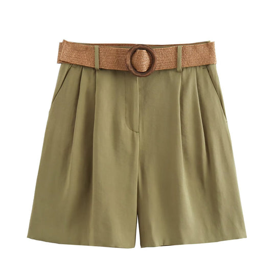 Damen elegante Shorts mit breitem, geflochtenem Gürtel R&B