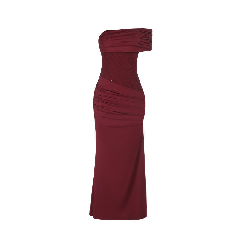 Damen Elegantes Abendkleid mit asymmetrischem Trägerdesign und funkelndem Oberteil R&B
