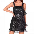 Damen Glamouröses Fransen-Cocktailkleid mit Pailletten und tiefem V-Ausschnitt EB