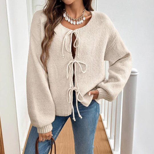 Damen lockerer Strickcardigan mit verstellbarem Bund R&B
