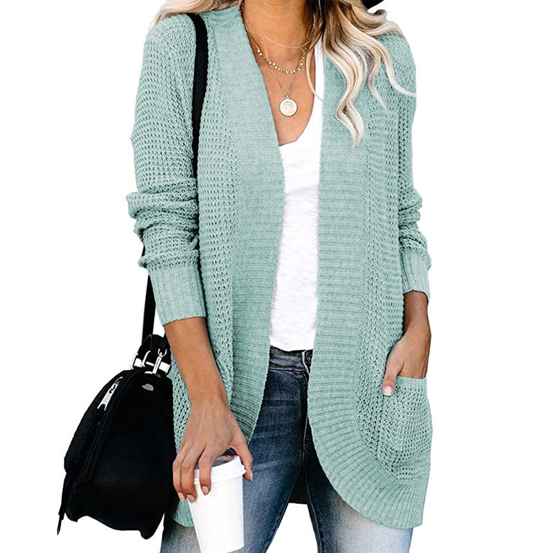 Damen lässige Strickjacke mit offenen Ärmeln und praktischen Taschen R&B