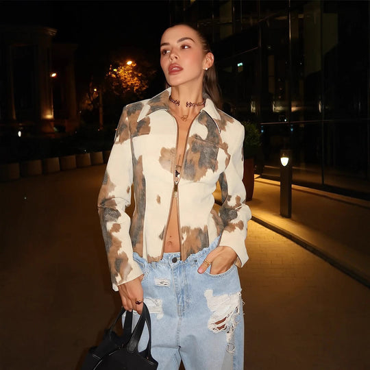 Damen Kunstlederjacke im modernen Cow-Print R&B
