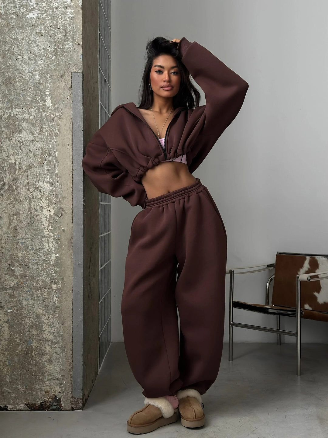 Damen lässiges Cropped-Hoodie und Jogginghose Set R&B