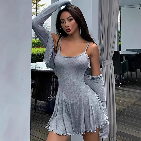 Damen lässiges Set mit langärmeliger Bluse und fließendem Rock R&B