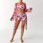 Damen Badeanzug Set mit floralem Oberteil und transparentem Strandüberwurf R&B