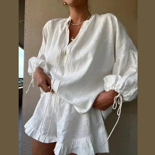 Damen Blusenset mit elegantem Rüschensaum und lockerer Passform R&B
