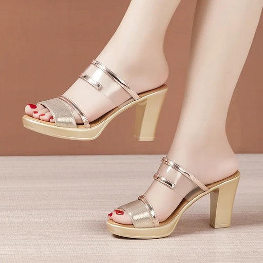 Damen modische Sandalen mit elegantem Blockabsatz und transparenten Riemen R&B