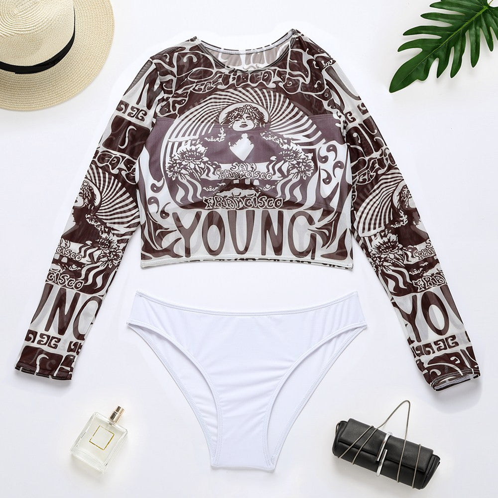 Damen Sportlicher Crop-Top mit langem Arm und eleganten Print R&B